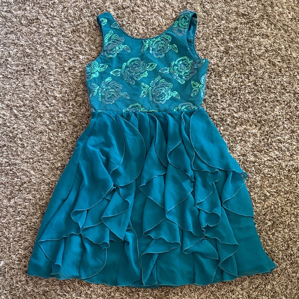 Emily West Teal Floral Ruffle Dress